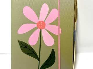 Green with pink flowers.- Notebook and pen.