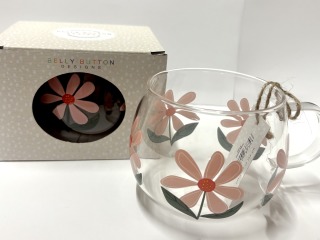 Green with pink flowers.- Glass mug.